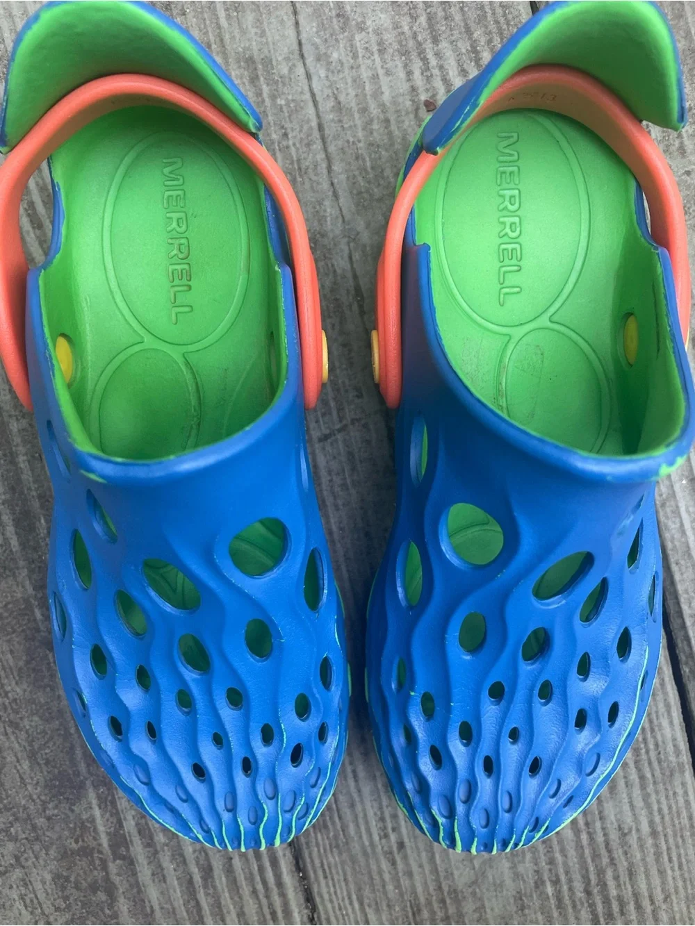 Merrell Kids Blue and Green Ventilated Water Clog with Orange Strap 13